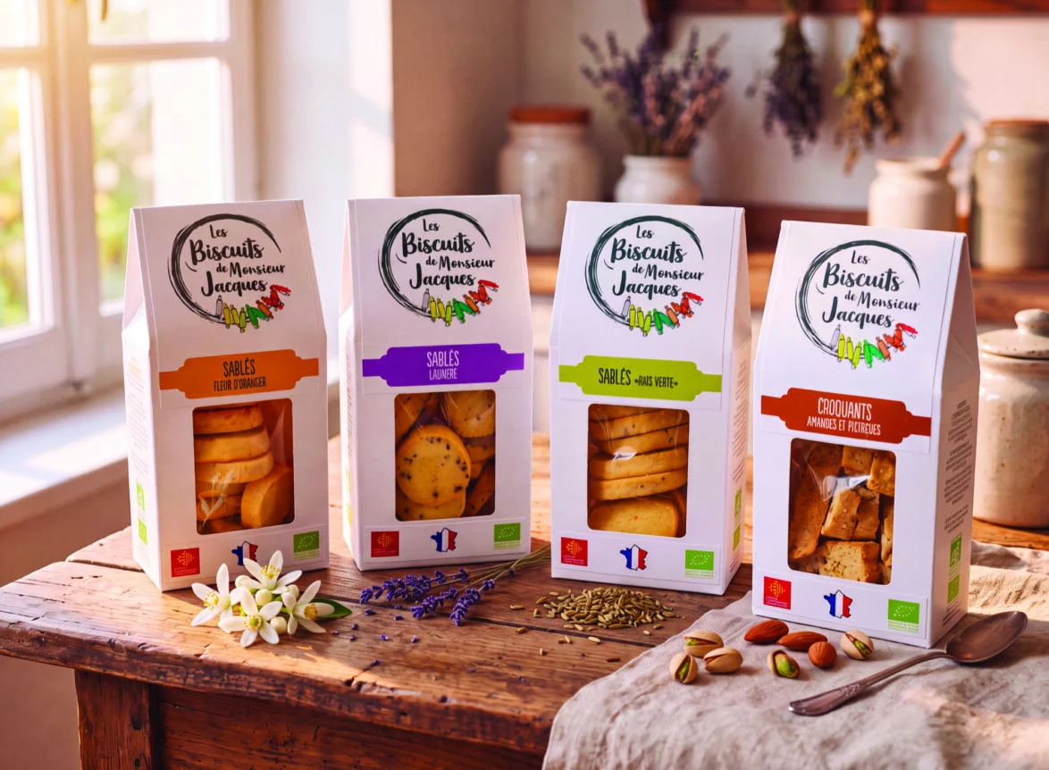 Bags of Les Biscuits de Monsieur Jacques shortbreads and croquants on a wooden table, with orange blossom, lavender, aniseed and nuts, Biscuiterie Artisanale de Sommières