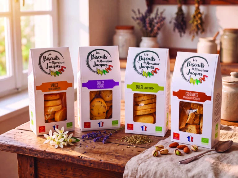 Bags of Les Biscuits de Monsieur Jacques shortbreads and croquants on a wooden table, with orange blossom, lavender, aniseed and nuts, Biscuiterie Artisanale de Sommières
